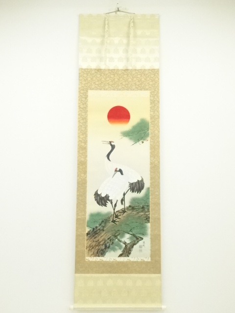 JAPANESE HANGING SCROLL / HAND PAINTED / CRANES ON PINE TREE